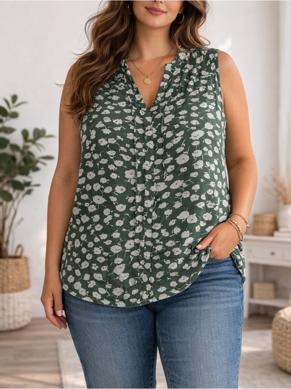 fun 2 fun Green Floral Sleeveless V-Neck Tank